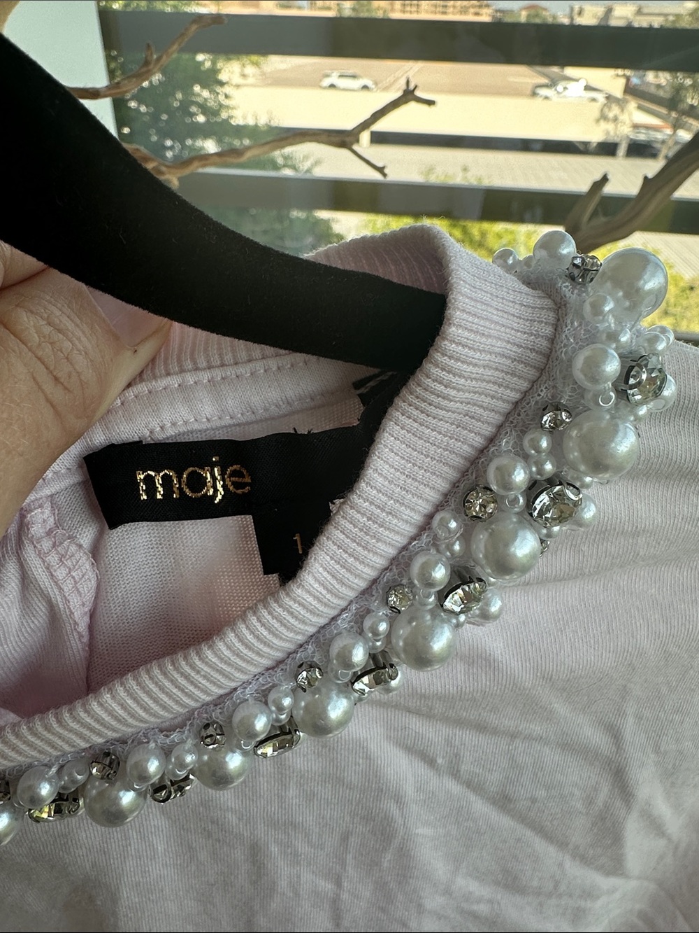 Maje Pearl-Embellished Light Pink Cropped Tee - Picture 3 of 4